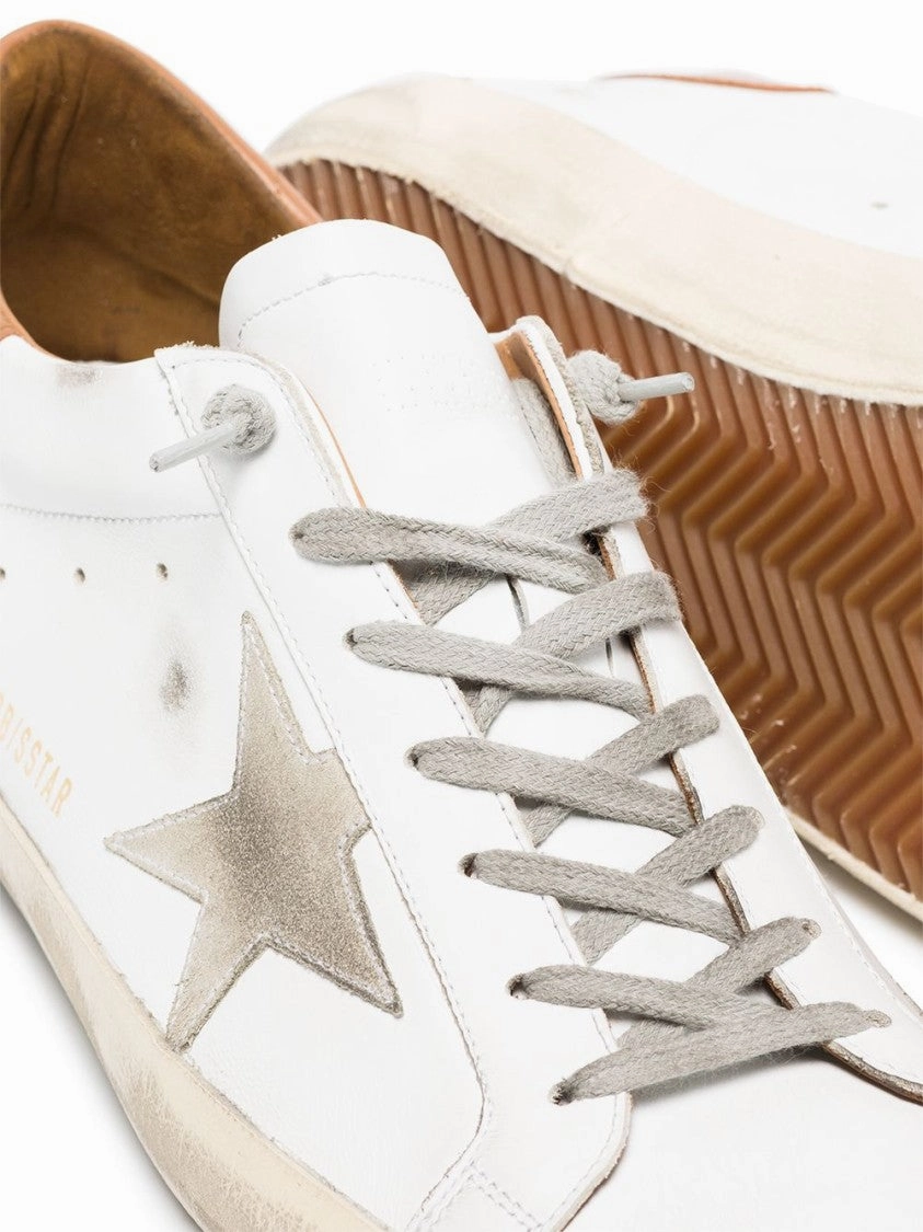 Classic White Low-Top Sneakers With Metallic Star And Distressed Finish