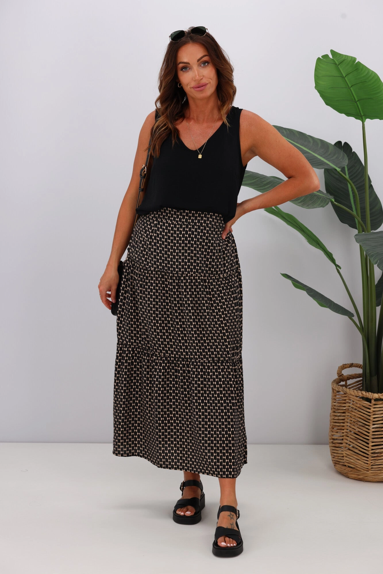 Gloss by Shine On Lucerne Tiered Maxi Skirt Black Natural Geo