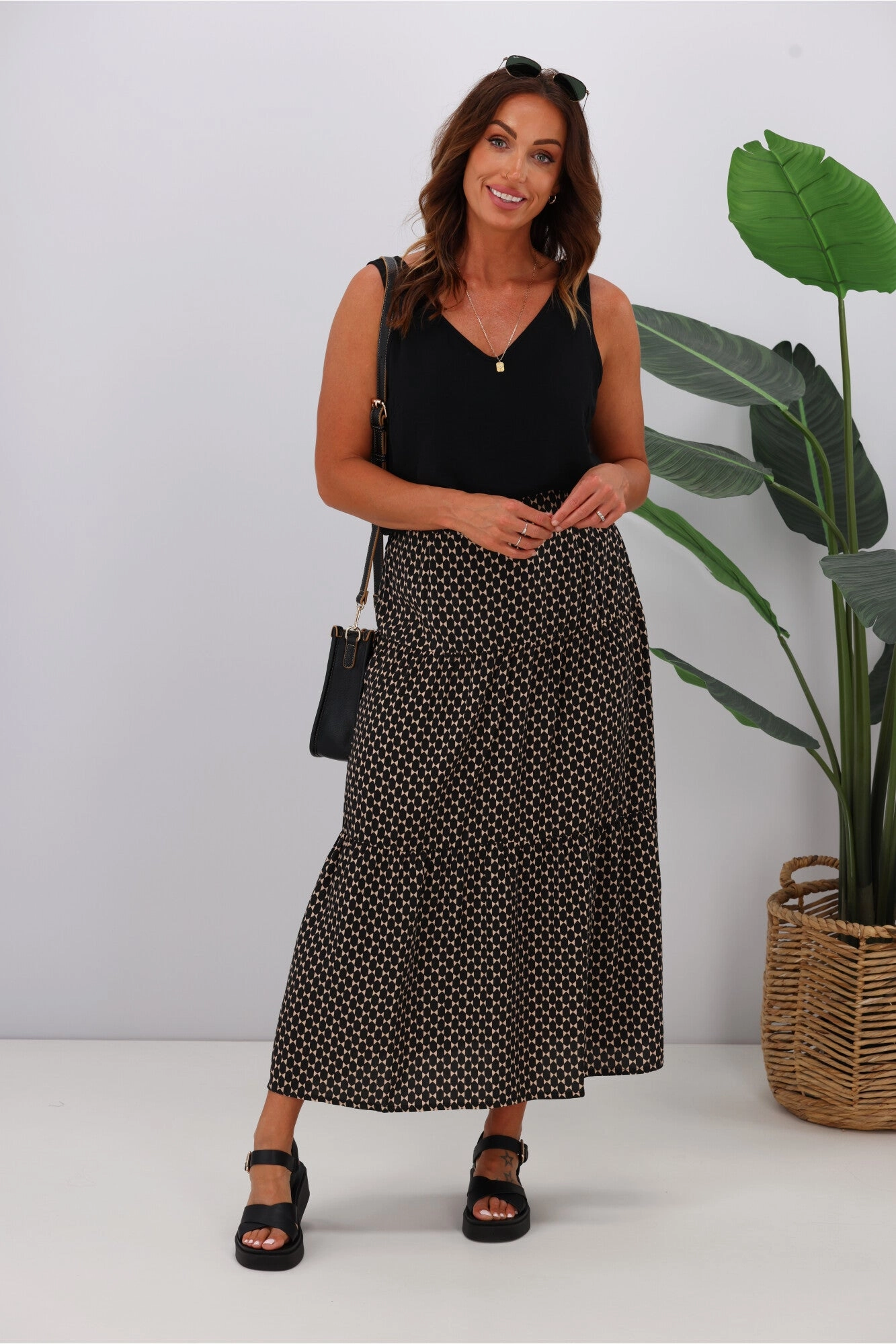 Gloss by Shine On Lucerne Tiered Maxi Skirt Black Natural Geo