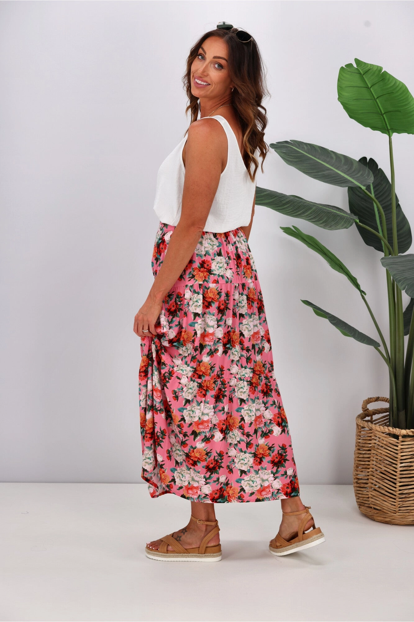 Gloss by Shine On Lucerne Tiered Maxi Skirt Pink Floral