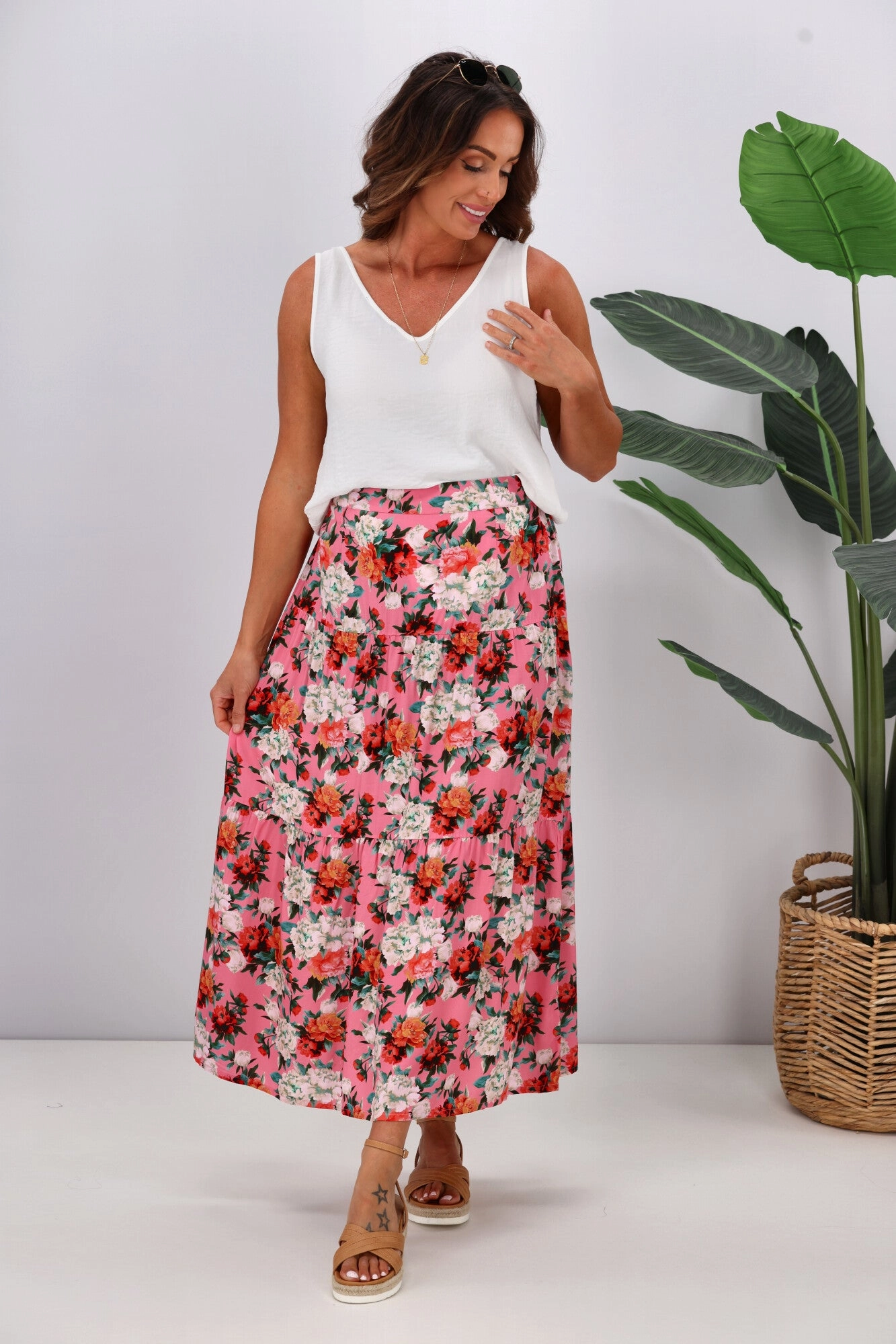 Gloss by Shine On Lucerne Tiered Maxi Skirt Pink Floral