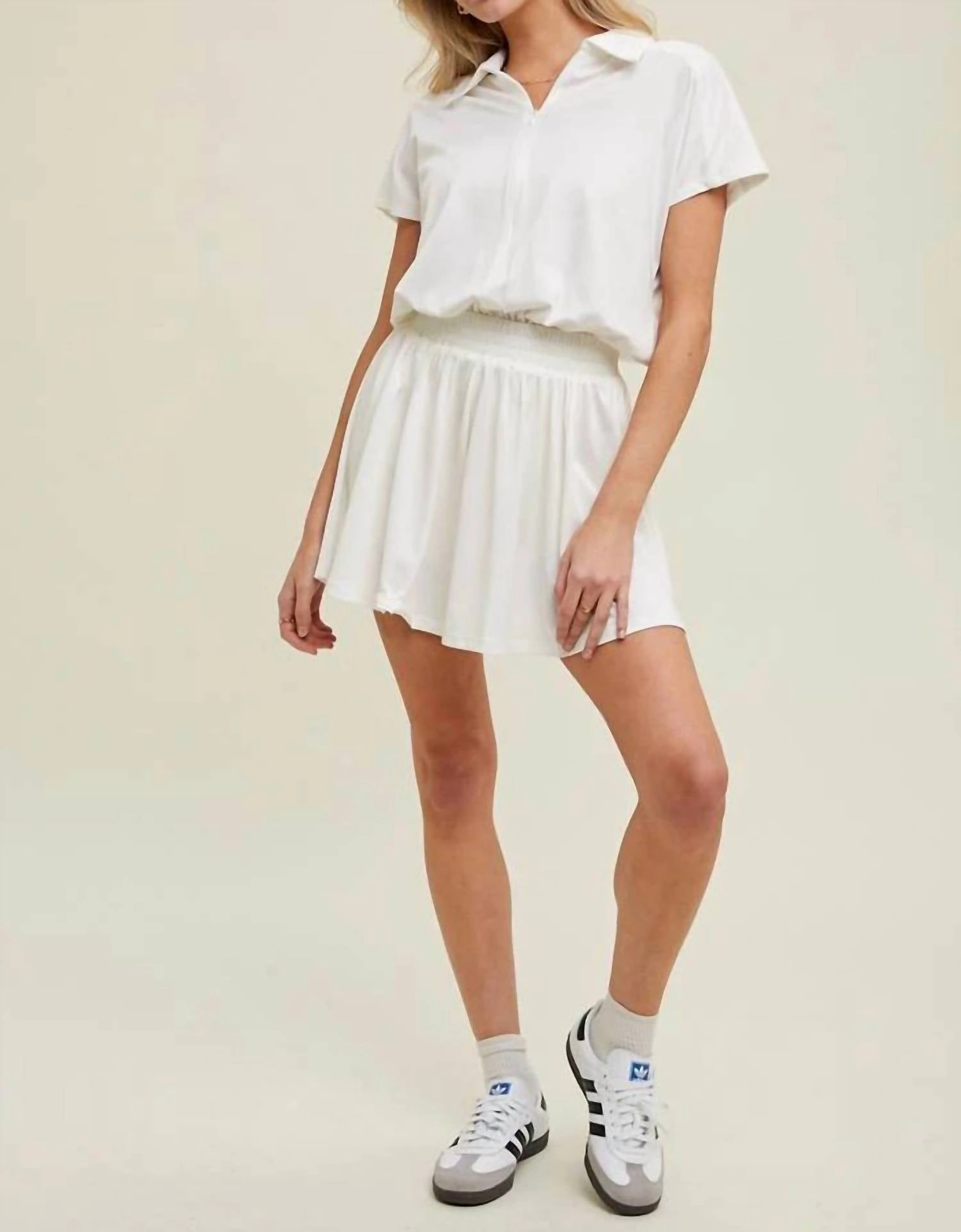 Short Sleeve Collared Athletic Romper In White
